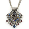 Vintage Inspired Filigree, Grey, Blue, Purple Crystal Diamond Pendant With Pewter Tone Chains - 40cm L/ 5cm Ext