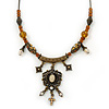 Victorian Style Filigree Bead Heart Pendant On Bronze Tone Flex Metal Cord Necklace - 36cm Length/ 6cm Extension