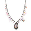 Vintage Inspired Enamel Floral Medallion With Pink Freshwater Pearl, Bows, Roses Chain In Pewter Tone - 40cm L/ 7cm Ext