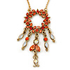 Carrot Red Diamante Round Pendant With Dangles, On 38cm L/ 7cm Ext Gold Tone Chain