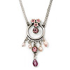 Pink Enamel Floral, Crystal, Freshwater Pearl Circle Pendant With Silver Tone Double Chain - 34cm L/ 5cm Ext