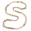 Vintage Inspired Dusty Pink, Nude Glass Bead and Antique Gold Coin Long Necklace - 100cm L