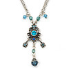 Vintage Inspired Blue Crystal, Filigree Pendant With Silver Tone Chain - 38cm L/ 5cm Ext