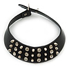 Black Leather Crystal, Spike Choker Necklace In Silver Tone - 34cm L