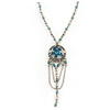 Vintage Inspired Teal Blue Crystal Enamel Floral and Chain Dangle Pendant With Silver Tone Beaded Chain - 42cm L/ 5cm Extt