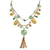 Vintage Inspired Green Shell and Freshwater Pearl Bead Multi Layered, Tassel Necklace In Gold Tone - 46cm L/ 5cm Ext/ 7cm Front Drop (Tassel)
