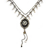 Vintage Inspired Black Enamel Floral Pendant with Pewter Tone Chain Necklace - 40cm L/ 8cm Ext