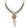 Vintage Inspired Caramel/ Green Enamel Floral Pendant with Bronze Tone Chain Necklace - 40cm L/ 8cm Ext/ 8cm Front Drop
