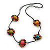 Long Multicoloured Wooden Flowers Cotton Cord Necklace - 72cm L