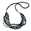 Black Glass Bead, Cobalt Blue Shell Nugget With Black Leather Style Cord Necklace - 60cm L