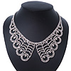 Clear Austrian Crystal Collar Necklace In Silver Tone - 30cm Length/ 15cm Extension