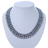 Grey Imitation Pearl & Glass Bead Collar Necklace In Silver Tone - 44cm L/ 4cm Ext