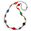 Long Multicoloured Wood, Plastic Bead Cotton Cord Necklace - 100cm L