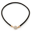 Black Rubber Necklace With Crystal Round Magnetic Closure - 38cm L