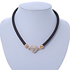 Black Rubber Necklace With Crystal Heart Magnetic Closure (Gold Tone) - 38cm L