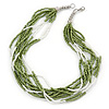 Multistrand White/ Green Glass Bead Necklace - 49cm L