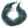 Chunky Light Blue/ Black Glass Bead Bib Necklace - 62cm L