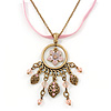 Vintage Inspired Enamel Crystal Floral Pendant With Gold Tone Chain and Pink Suede Cord - 38cm L/ 8cm Ext