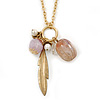 Feather & Acrylic Beads Cluster Pendant With Long Chain In Gold Tone - 80cm L/ 7cm Ext