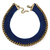 Dark Blue Cotton Collar Necklace with Antique Gold Chain - 35cm L/ 8cm Ext