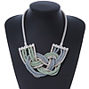 Light Green/ Grey Silk Cord Knot Pendant with Snake Style Chain Necklace In Silver Tone - 47cm L/ 8cm Ext