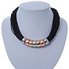 Black Waxed Cord Necklace with Silver/ Gold/ Copper Tone Metal Rings - 40cm L