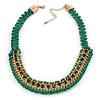 Grass Green Woven Silk Cord Emerald Green Crystal with Gold Chain Necklace - 42cm L/ 8cm Ext
