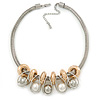 Silver Tone Chunky Mesh Chain with Gold Rings, Pearl and Metal Ball Necklace - 42cm L/ 9cm Ext