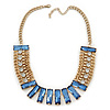 Statement Blue/ Clear Acrylic Bead Chunky Chain Necklace In Gold Tone Metal - 52cm L/ 7cm Ext