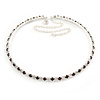 Thin Deep Purple/ Clear Austrian Crystal Choker Necklace In Rhodium Plated Metal - 33cm L/ 16cm Ext