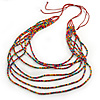Long Multistrand, Layered Multicoloured Wood Bead Necklace with Red Suede Cord - Adjustable - 110cm/ 140cm L