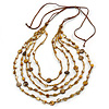 Long Multistrand, Layered Dark Brown, Golden Brown Sea Shell Bead Necklace with Suede Cord - Adjustable - 72cm/ 110cm L