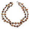 Two Row Brown Shell Nugget and Transparent Glass Crystal Bead Necklace - 44cm L