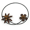 Brown Leather Semiprecious Stone Double Flower, Black Glass Bead Flex Wire Choker Necklace - Adjustable