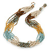 Multistrand Light Blue/Gold/ Antique White/ Brown Glass Bead Necklace - 50cm L