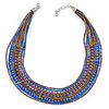 Multistrand Purple/ Bronze/ Violet Blue Glass Bead Collar Style Necklace In Silver Tone Metal - 42cm L/ 4cm Ext