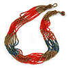 Multistrand Red/ Bronze/ Peacock Glass Bead Necklace - 47cm L