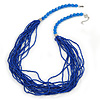 Light Blue/ Violet Blue Multistrand Glass Bead Necklace With Silver Tone Closure - 70cm L/ 7cm Ext