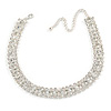 Statement Clear Crystal Choker Necklace In Silver Tone Metal - 30cm L/ 10cm Ext