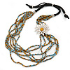 Light Blue/ Gold Glass Bead with White Leather Flower Black Sued Cord Multistrand Necklace - 90cm L