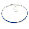 Thin Sapphire Blue Top Grade Austrian Crystal Choker Necklace In Rhodium Plated Metal - 36cm L/ 9cm Ext