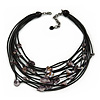 Statement Floating Shell Mutlistrand Black Waxed Cords Necklace - 54cm L/ 8cm Ext