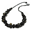 Black/ Gold Cluster Wood Bead Black Cotton Cord Necklace - 80cm L