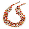 3 Strand Brick Red/ Mustard Brown Shell Nugget and Nude Crystal Bead Necklace with Silver Tone Spring Ring Closure - 66cm L