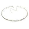Thin AB Top Grade Austrian Crystal Choker Necklace In Rhodium Plated Metal - 36cm L/ 10cm Ext