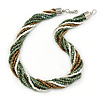 Chunky Multistrand Glass Bead Twisted Necklace with Silver Tone Closure (Dusty Blue, Bronze, White) - 48cm L