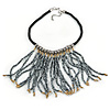 Contemporary Silver, Bronze Acrylic Bead Fringe Black Cotton Cord Necklace - 43cm L/ 5cm Ext/ 14cm Fringe
