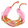 Baby Pink/ Orange/ Red/ Bronze Glass Bead Mulstistrand Necklace - 64cm L