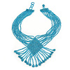 Light Blue Glass Bead V-Shape Tassel Necklace - 40cm L/ 12cm Drop