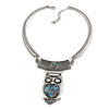 Ethnic Hammered Owl Pendant Necklace In Silver Tone Metal - 40cm L/ 6cm Ext